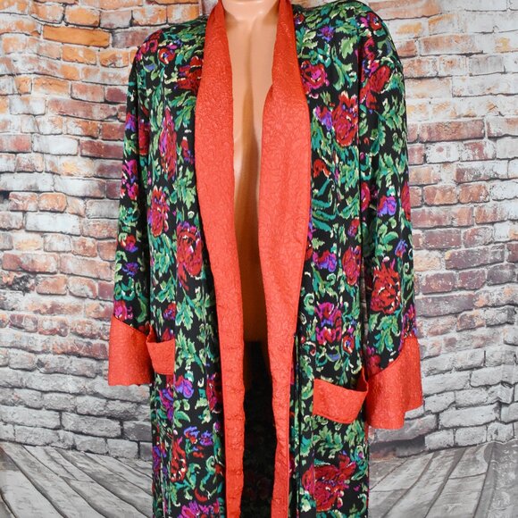 Victorias Secret Medium Gold Label Floral Satin Full Length Robe Pockets Belt - Picture 10 of 12